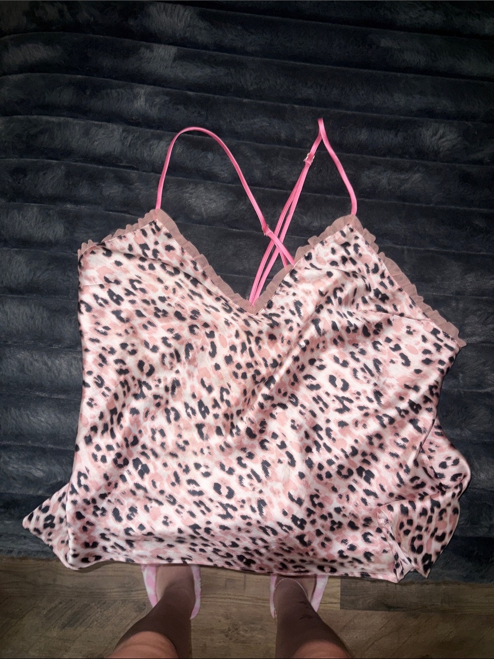 Victoria's Secret Pink Leopard Satin Cami with Lace Trim